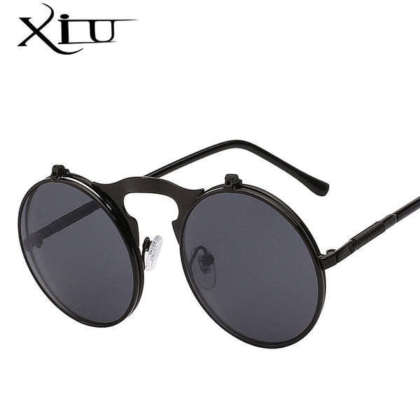 XIU Flip Up Steampunk Sunglasses Men Round Vintage Mens Sunglass Brand Designer Fashion Glasses UV400